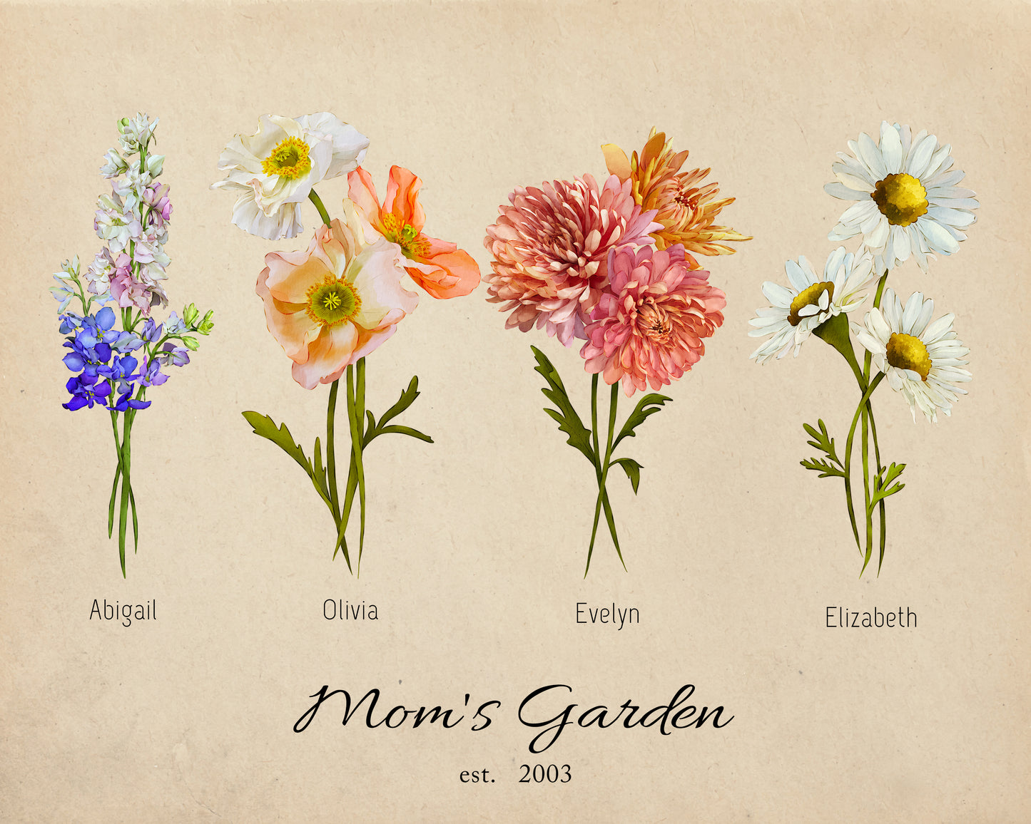 A collection of various hand-illustrated birth month flowers including Carnation, Larkspur, and Aster used for custom Mother's Day prints