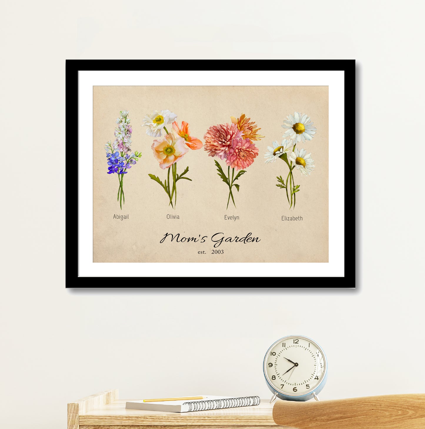 A horizontal landscape birth month flower print titled "Mom’s Garden" featuring five different flowers in a line with names underneath