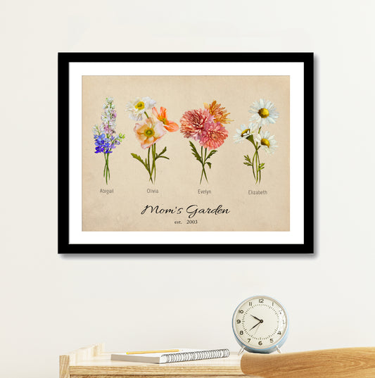 A horizontal landscape birth month flower print titled "Mom’s Garden" featuring five different flowers in a line with names underneath