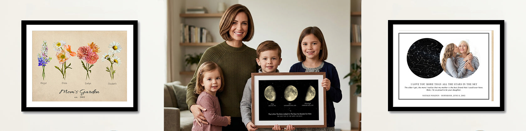 A curated wall gallery featuring a moon phase print, a watercolor family portrait, and a birth month flower print in a bright living room