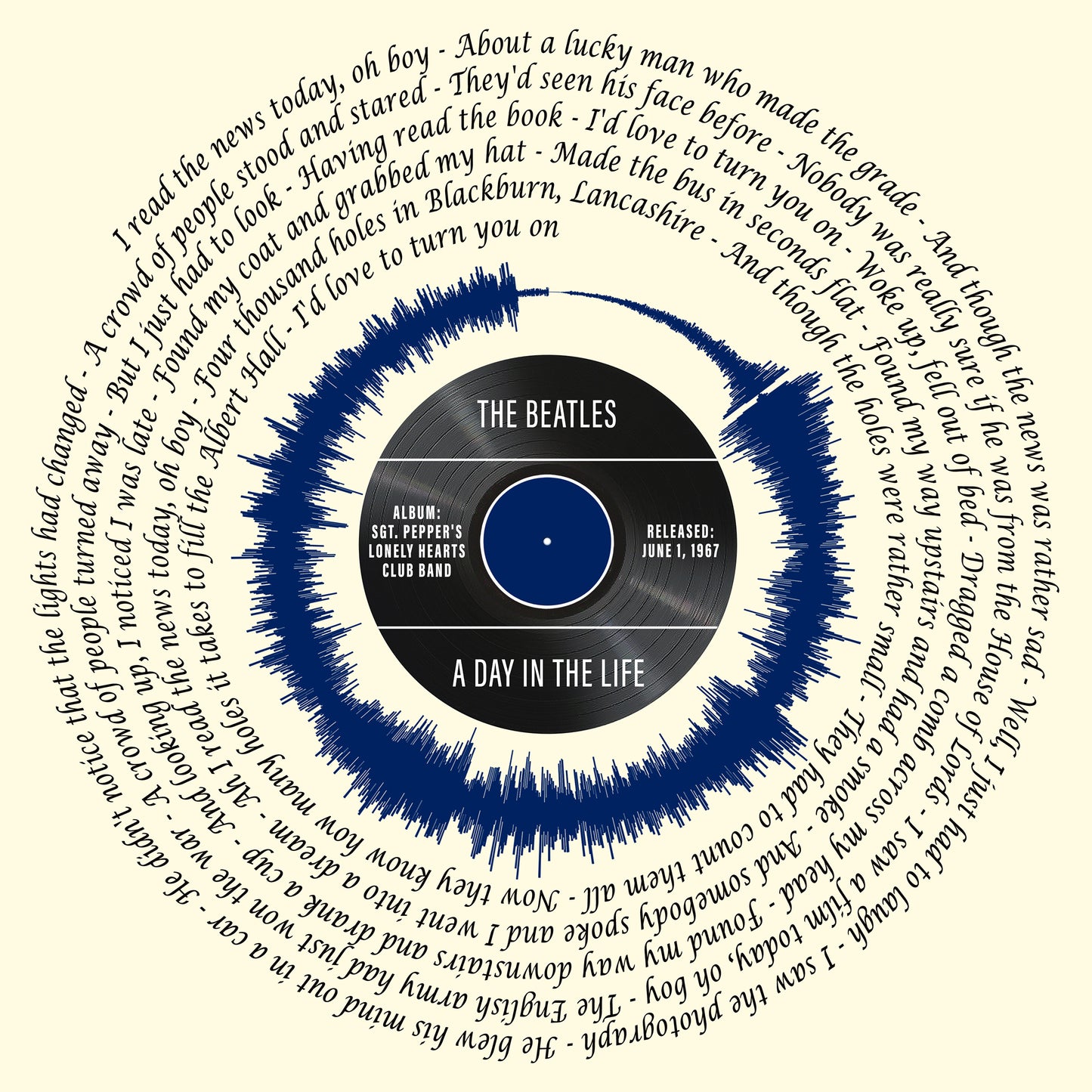 Beatles A Day In The Life Song Lyrics Wall Art | Beatles Song Lyrics | Soundwave Art | Gift For Him